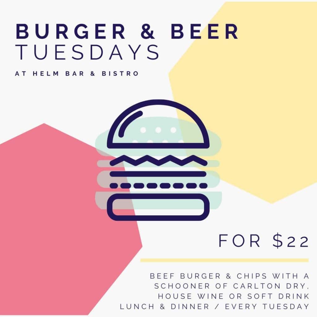 Burger & Beer Special. Burger and chips with a schooner of beer for $22 every Tuesday.